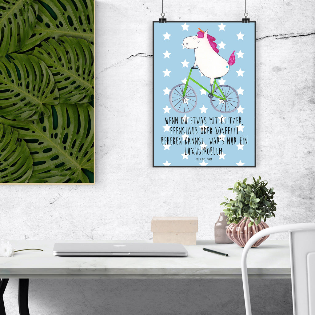 Poster unicorn cyclist Wanddeko, Poster, Handgemaltes Poster, Designposter, Kunstdruck, Raumdekoration, Wandposter, Posterdruck, Wanddeko Bild, Küchenposter, Mr. & Mrs. Panda Poster, Wanddekoration, Bild, Kinderposter, Einhorn, Einhörner, Einhorn Deko, Unicorn, Kummer, Luxusproblem, Feenstaub, Radfahrer, Liebeskummer, Radfahren, Konfetti, Bike, Rad