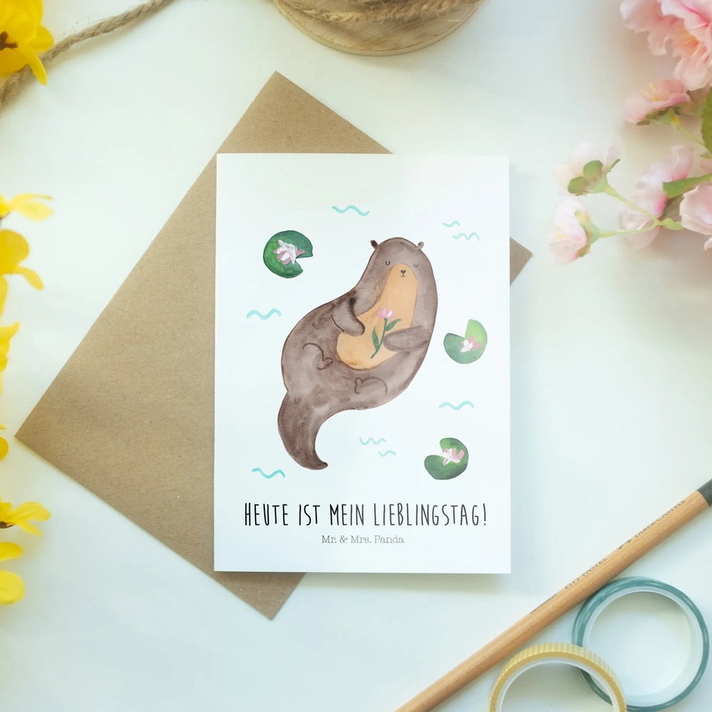 Grußkarte Otter mit Seerose Ansichtskarten, Einladungskarte, Grußkarte, Klappkarte, Karte, Geburtstagskarte, Glückwunschkarte, Hochzeitskarte, Otter, Fischotter, Seeotter, Otter Seeotter See Otter