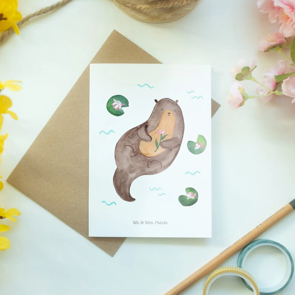 Grußkarte Otter mit Seerose Ansichtskarten, Einladungskarte, Grußkarte, Klappkarte, Karte, Geburtstagskarte, Glückwunschkarte, Hochzeitskarte, Otter, Fischotter, Seeotter, Otter Seeotter See Otter