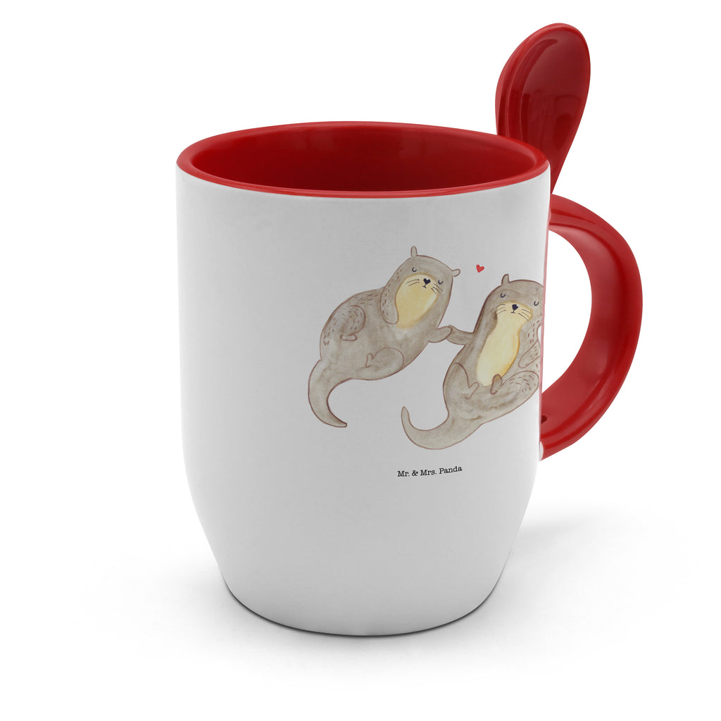 Tasse mit Löffel Otter händchenhaltend Tasse, Kaffeetasse, Tassen, Tasse mit Spruch, Kaffeebecher, Tasse mit Löffel, Otter, Fischotter, Seeotter, Otter Seeotter See Otter