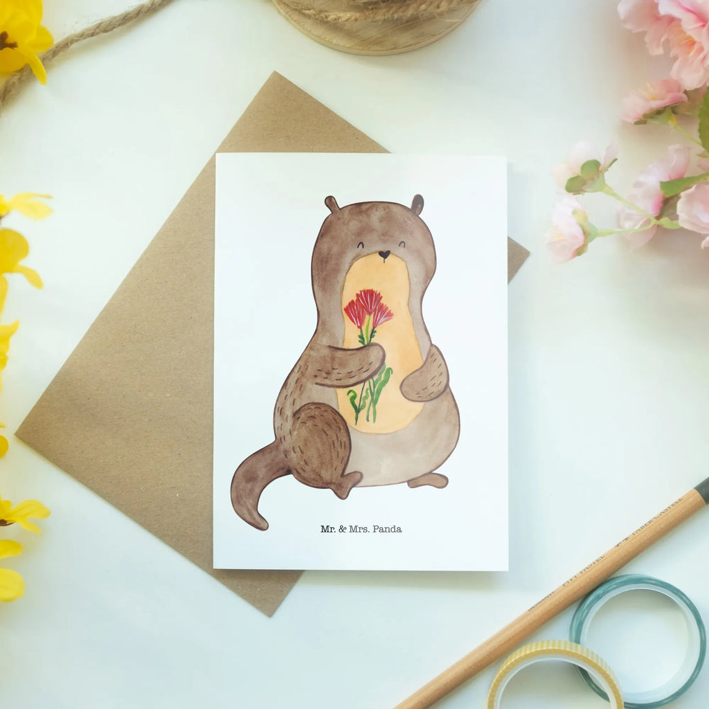 Greetings card otter Bunch of flowers abiturkarte, weihnachtskarten, Grußkarte, firmungskarte, valentinstagskarte, einladungskarten, kommunionskarte, Klappkarte, hochzeitskarten, vatertagskarte, Grußkarten, glückwunschkarten, jubiläumskarte, genesungskarte, osterkarte, spruchkarte, osterkarten, neujahrskarte, Glückwunschkarte, babykarte, dankeskarten, Motivkarte, Beileidskarte, Otter, Fischotter, Seeotter, Otter Seeotter See Otter