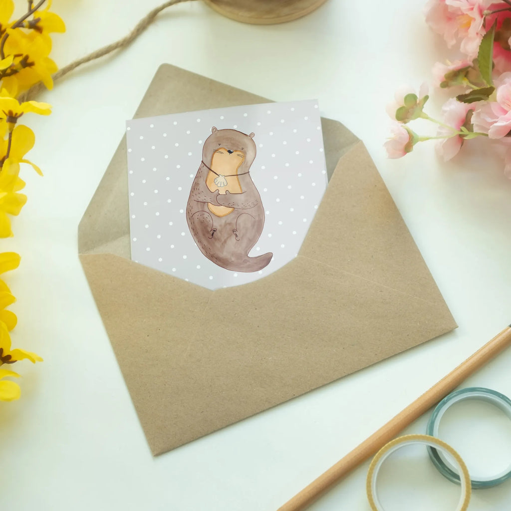 Greetings card otter shell Hochzeitskarte, Glückwunschkarte, Karte, Klappkarte, Geburtstagskarte, Einladungskarte, Ansichtskarten, Grußkarte, Otter, Fischotter, Seeotter, träumen, grübeln, Tagträumen, Otterliebe, Motivation, Büro