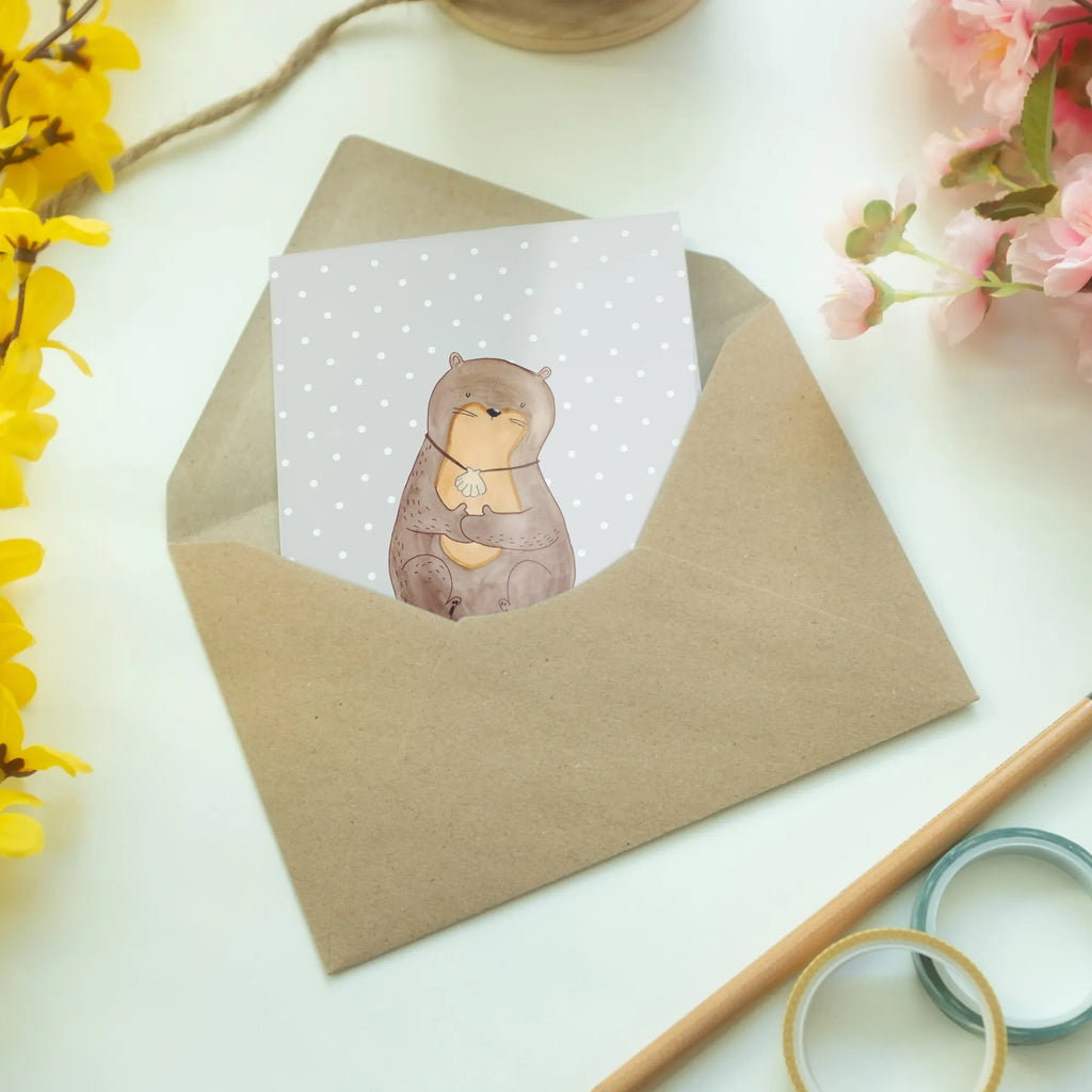 Greetings card otter shell Hochzeitskarte, Glückwunschkarte, Karte, Klappkarte, Geburtstagskarte, Einladungskarte, Ansichtskarten, Grußkarte, Otter, Fischotter, Seeotter, träumen, grübeln, Tagträumen, Otterliebe, Motivation, Büro