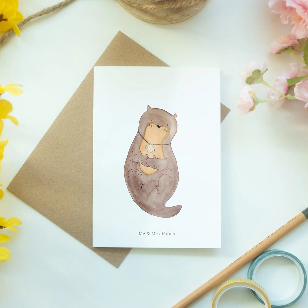 Greetings card otter shell Hochzeitskarte, Glückwunschkarte, Karte, Klappkarte, Geburtstagskarte, Einladungskarte, Ansichtskarten, Grußkarte, Otter, Fischotter, Seeotter, träumen, grübeln, Tagträumen, Otterliebe, Motivation, Büro