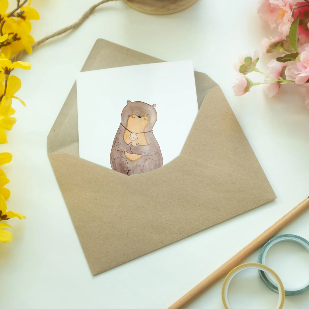 Greetings card otter shell Hochzeitskarte, Glückwunschkarte, Karte, Klappkarte, Geburtstagskarte, Einladungskarte, Ansichtskarten, Grußkarte, Otter, Fischotter, Seeotter, träumen, grübeln, Tagträumen, Otterliebe, Motivation, Büro