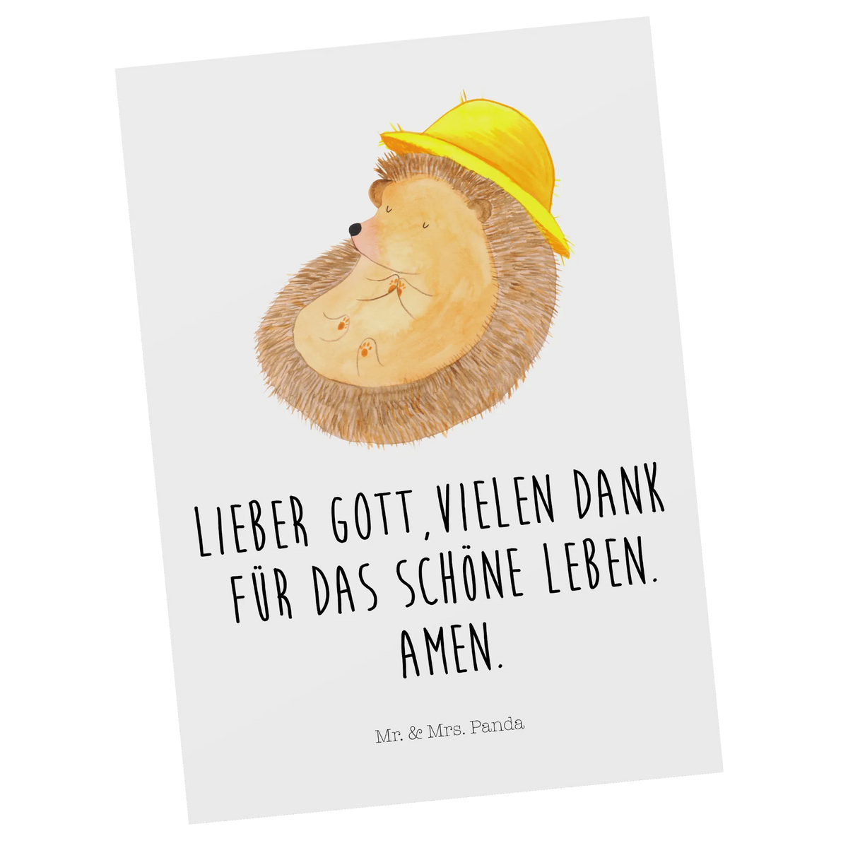 Postcard Hedgehog Pray Ansichtskarte, einzelkarte, Postkarte, Grußkarte, Postkarten, Ansichtskarten, Fotokarte, bildkarte, kunstkarte, Designkarte, Kunstkarten, Motivkarte, spruchkarte, Tiere, Tiermotive, Gute Laune, Lustige Sprüche, Amen, Beten, Dankbar sein, Gott, Dankbar, Igel, Genießen, Igel mit Hut, Leben, Sonnenhut, Dankbarkeit