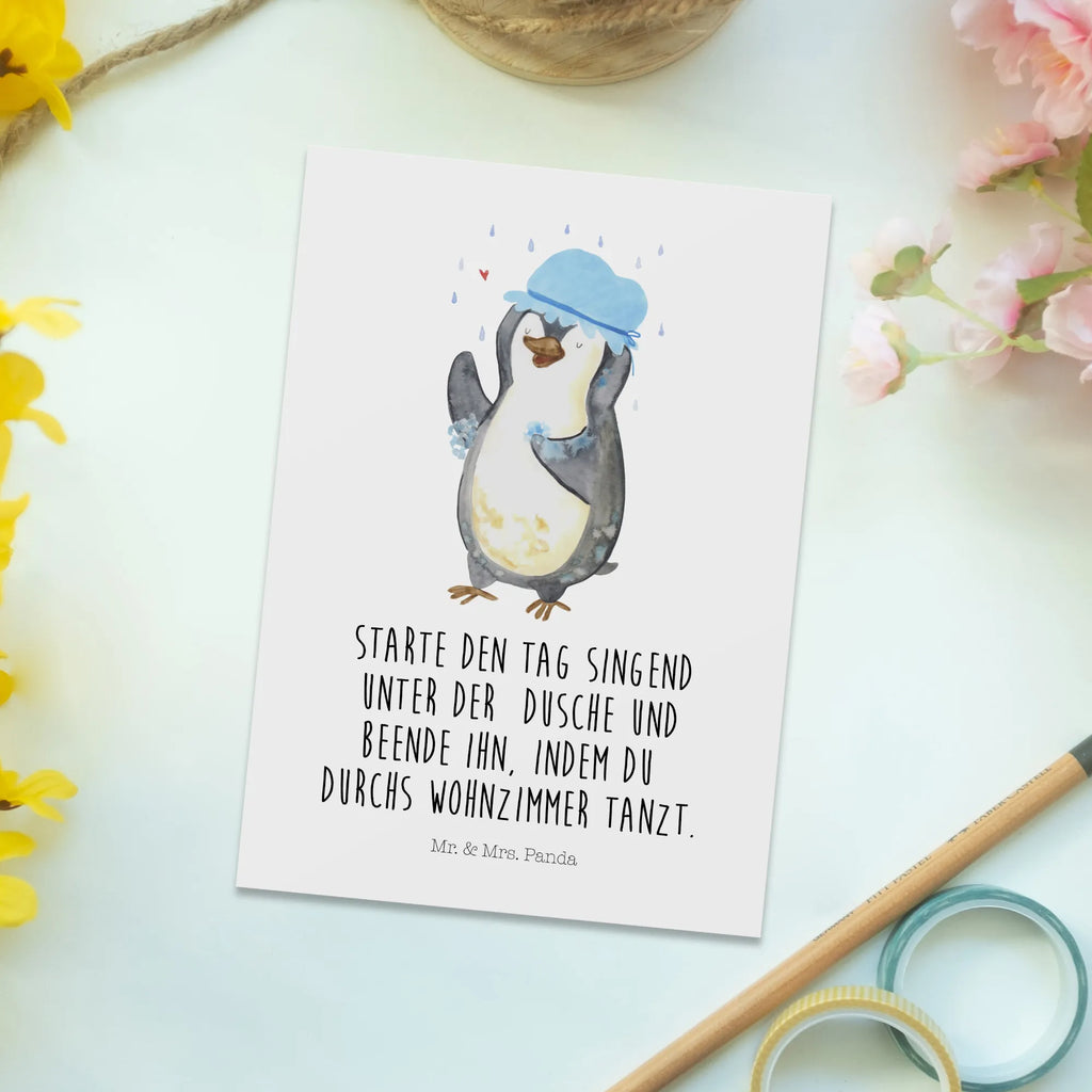 Postcard Penguin have a shower North Pole, Penguins, shower, life motto, new start, penguins, new beginning, being happy