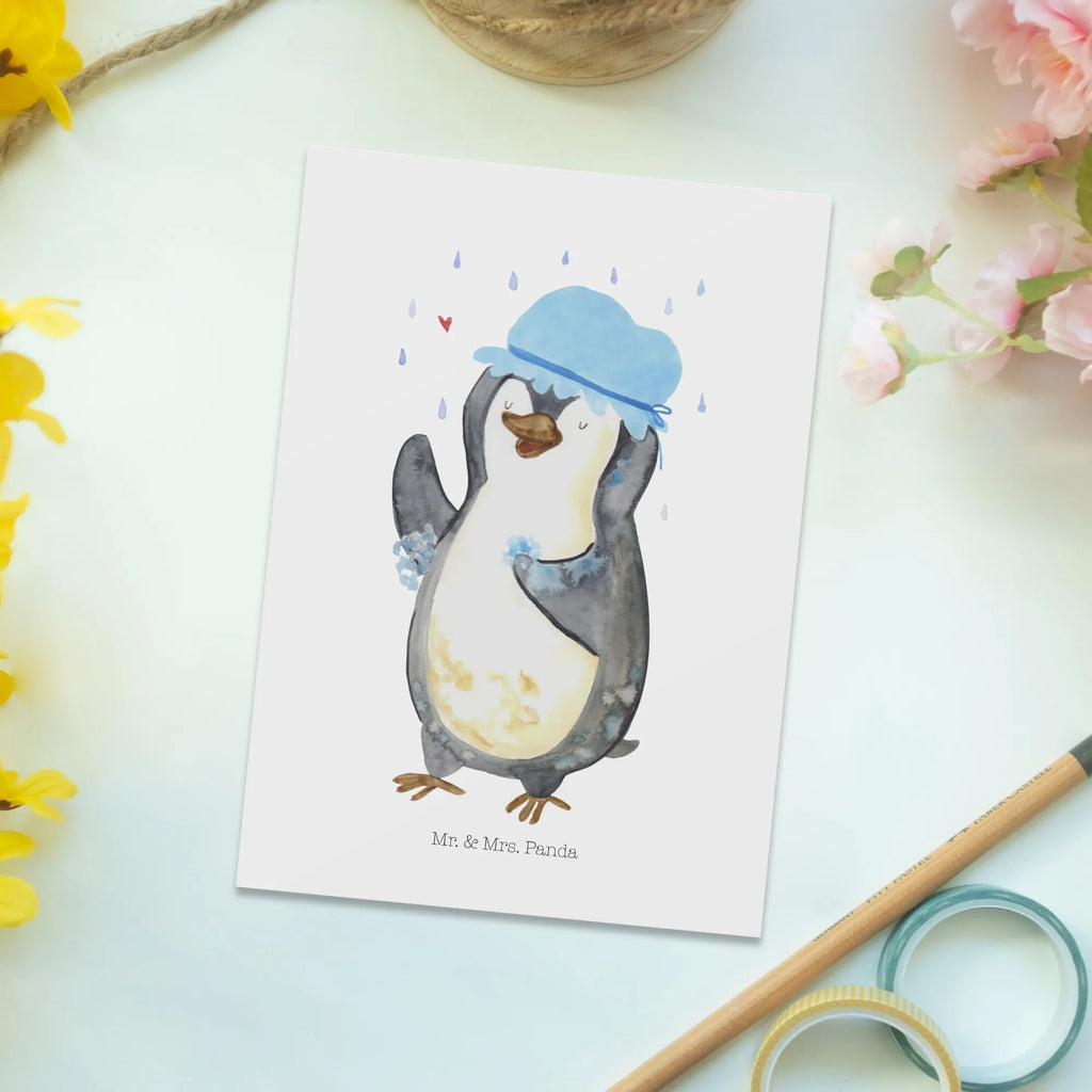 Postcard Penguin have a shower North Pole, Penguins, shower, life motto, new start, penguins, new beginning, being happy