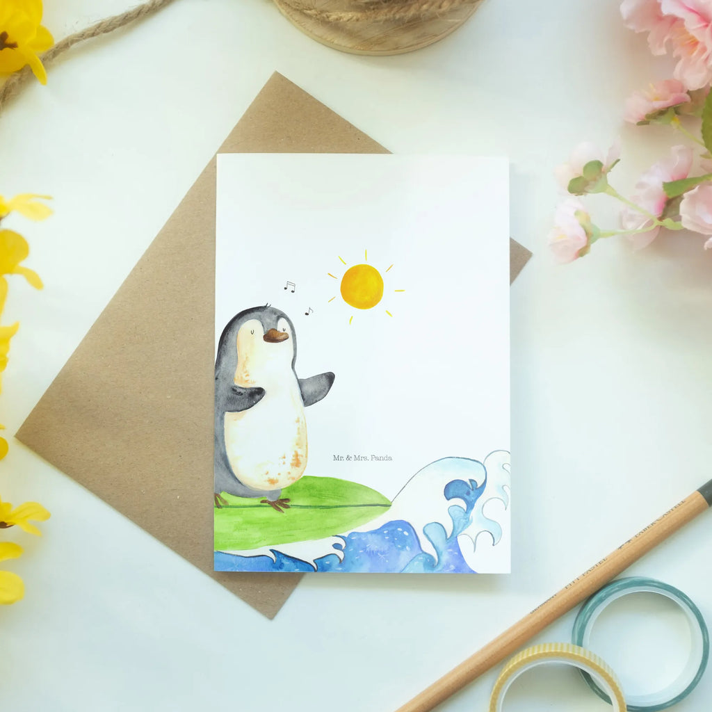 Grußkarte Pinguin Surfer Geburtstagskarte, Glückwunschkarte, Hochzeitskarte, Ansichtskarten, Grußkarte, Karte, Klappkarte, Einladungskarte, Pinguin, Hawaii, Urlaub, Wellen reiten, Wellen, Surfer, Portugal, Pinguine, surfen