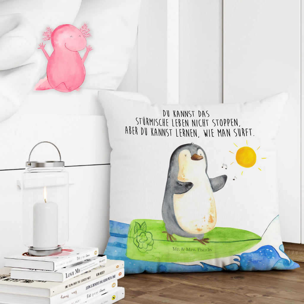 Cushion Penguin surfer bedroom, couch, pillows, sofa, cushion, settee, soft, 40x40, 40 x 40, bed, Pillow, pad, fluffy, pillow case, Penguin, North Pole, Winter, Penguins, Hawaii, waves, penguins, surfing, Portugal, wave riding, holidays, surfers