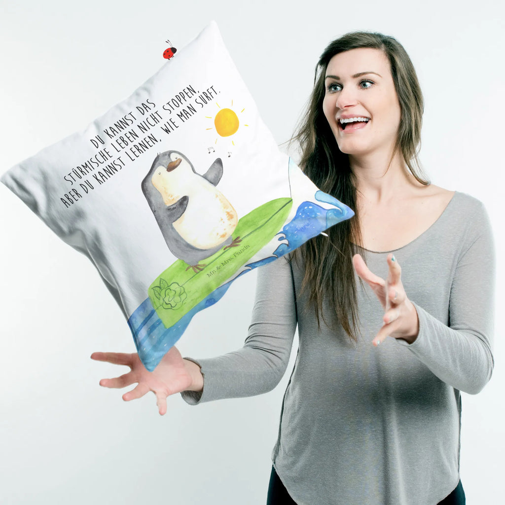 Cushion Penguin surfer bedroom, couch, pillows, sofa, cushion, settee, soft, 40x40, 40 x 40, bed, Pillow, pad, fluffy, pillow case, Penguin, North Pole, Winter, Penguins, Hawaii, waves, penguins, surfing, Portugal, wave riding, holidays, surfers