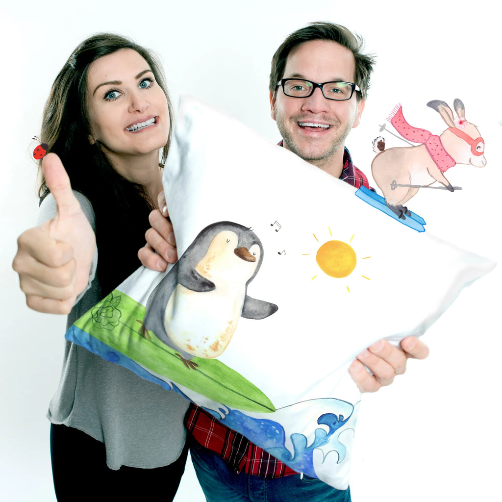 Cushion Penguin surfer bedroom, couch, pillows, sofa, cushion, settee, soft, 40x40, 40 x 40, bed, Pillow, pad, fluffy, pillow case, Penguin, North Pole, Winter, Penguins, Hawaii, waves, penguins, surfing, Portugal, wave riding, holidays, surfers