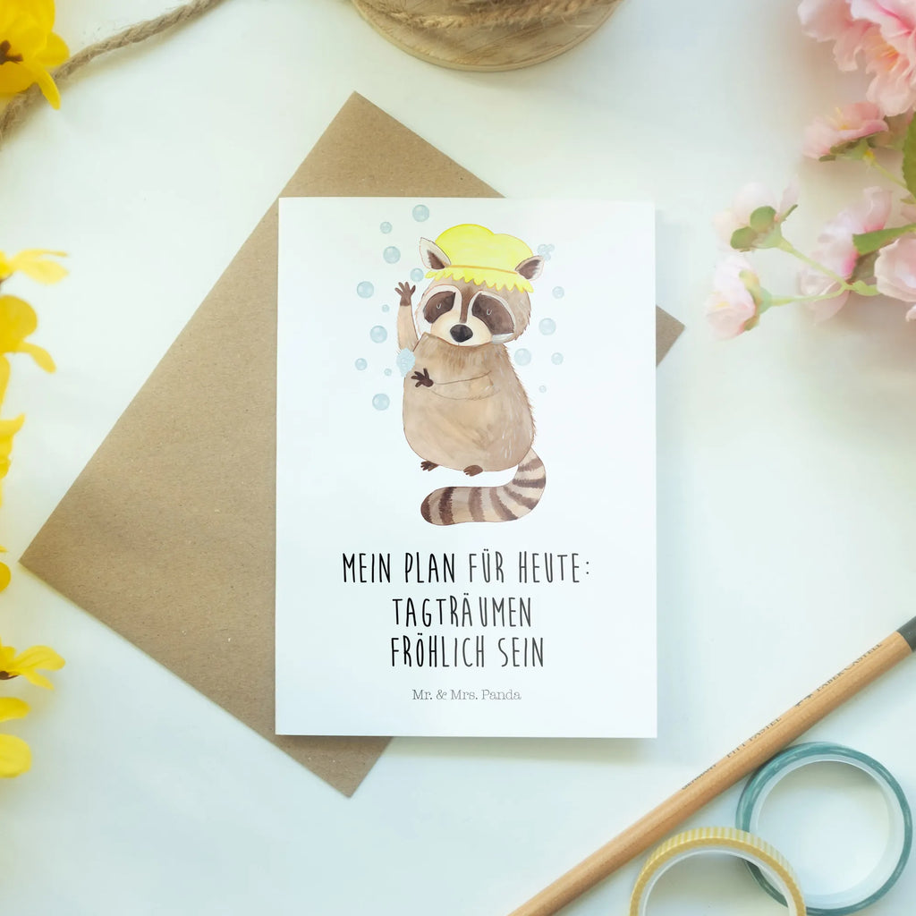Greetings card Raccoon spruchkarte, kommunionskarte, Grußkarten, jubiläumskarte, dankeskarten, neujahrskarte, Motivkarte, weihnachtskarten, valentinstagskarte, Beileidskarte, glückwunschkarten, Klappkarte, babykarte, einladungskarten, osterkarte, genesungskarte, osterkarten, firmungskarte, Grußkarte, hochzeitskarten, abiturkarte, Glückwunschkarte, vatertagskarte, Lustige Sprüche, Tiere, Tiermotive, Gute Laune, Fröhlich, Plan, Waschbär, Waschen, Tagträumen, Seifenblasen