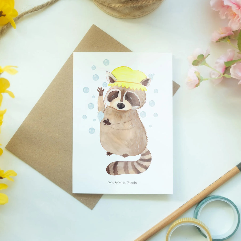 Greetings card Raccoon spruchkarte, kommunionskarte, Grußkarten, jubiläumskarte, dankeskarten, neujahrskarte, Motivkarte, weihnachtskarten, valentinstagskarte, Beileidskarte, glückwunschkarten, Klappkarte, babykarte, einladungskarten, osterkarte, genesungskarte, osterkarten, firmungskarte, Grußkarte, hochzeitskarten, abiturkarte, Glückwunschkarte, vatertagskarte, Lustige Sprüche, Tiere, Tiermotive, Gute Laune, Fröhlich, Plan, Waschbär, Waschen, Tagträumen, Seifenblasen