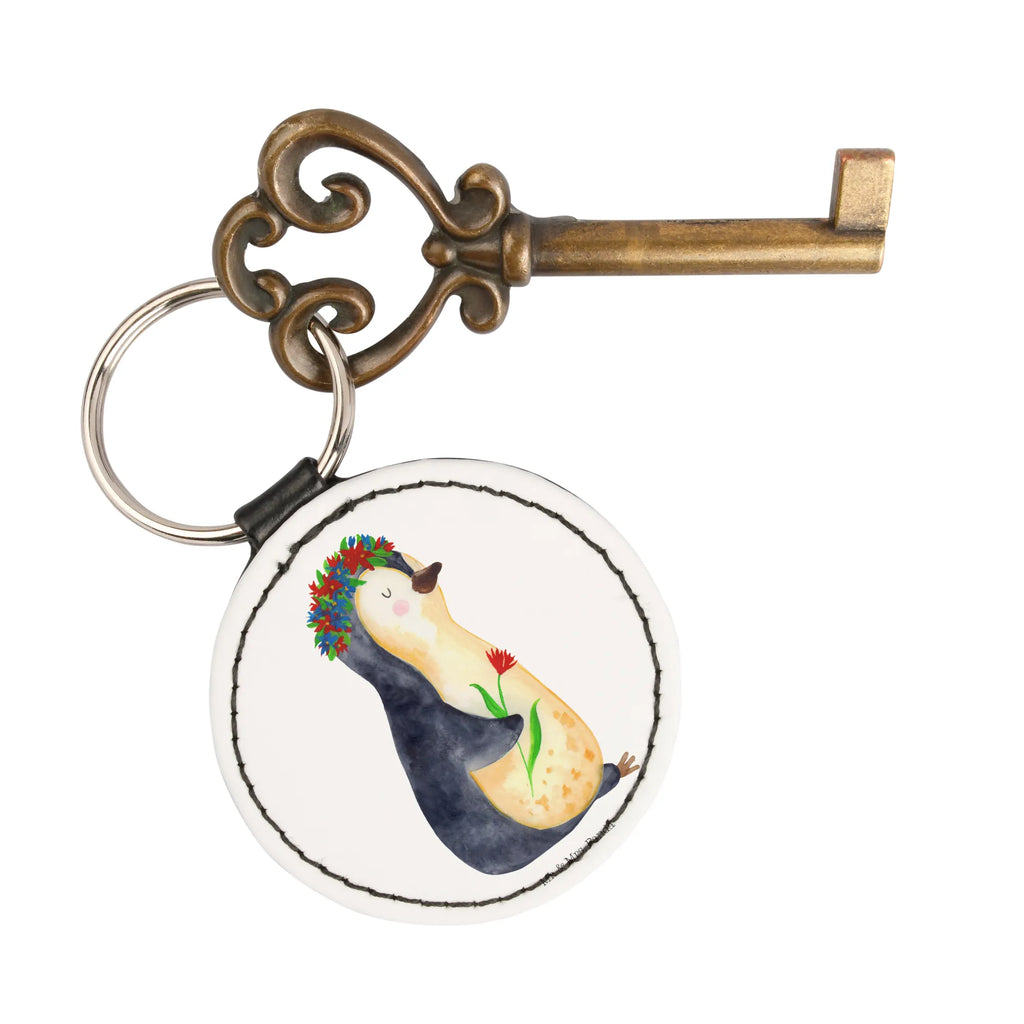 Round key ring Penguin Flower bag pendant, key ring, lucky charm, pendant, keychain, Penguin, North Pole, Winter, Penguins, penguins, wreath of flowers, goals, motivation, wishes, love of life, goals in life, universe, gift idea, life, lovesickness