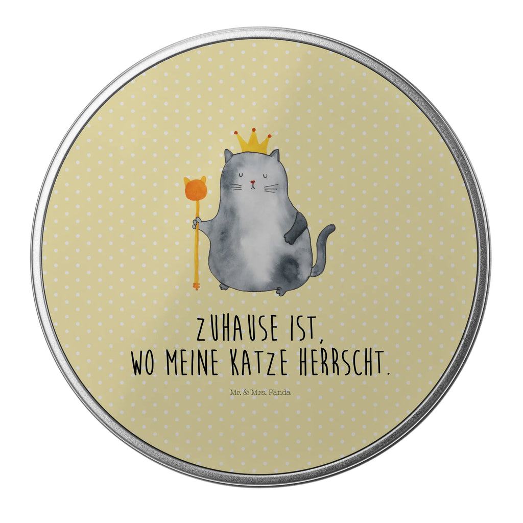 okrągła puszka z blachy kot Król Kot, motyw kotów, miłośnik kotów, dekoracje z kotami, przyjaciel kotów, entuzjasta kotów, produkty dla kotów, artykuły dla kotów, akcesoria dla kotów, pamiątki z kotami, produkty dla miłośników kotów, motywy kotów