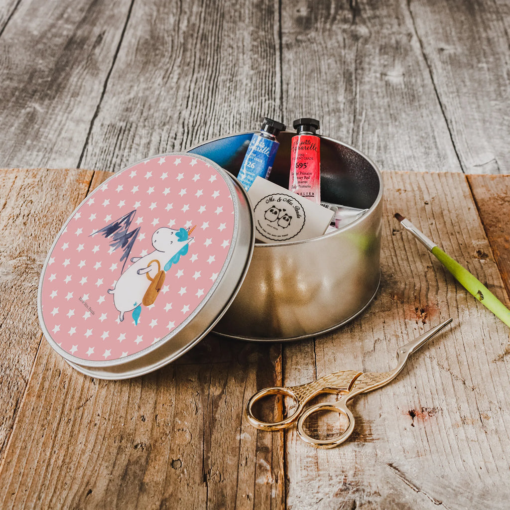 Round tin unicorn climber storage tin, tin, gift box, tin can, cookie tin, storage, unicorn, unicorns, adventure, world traveler, mountains, Einhorn, explorer, vacation, mountaineer, world trip, travel, english, adventurer