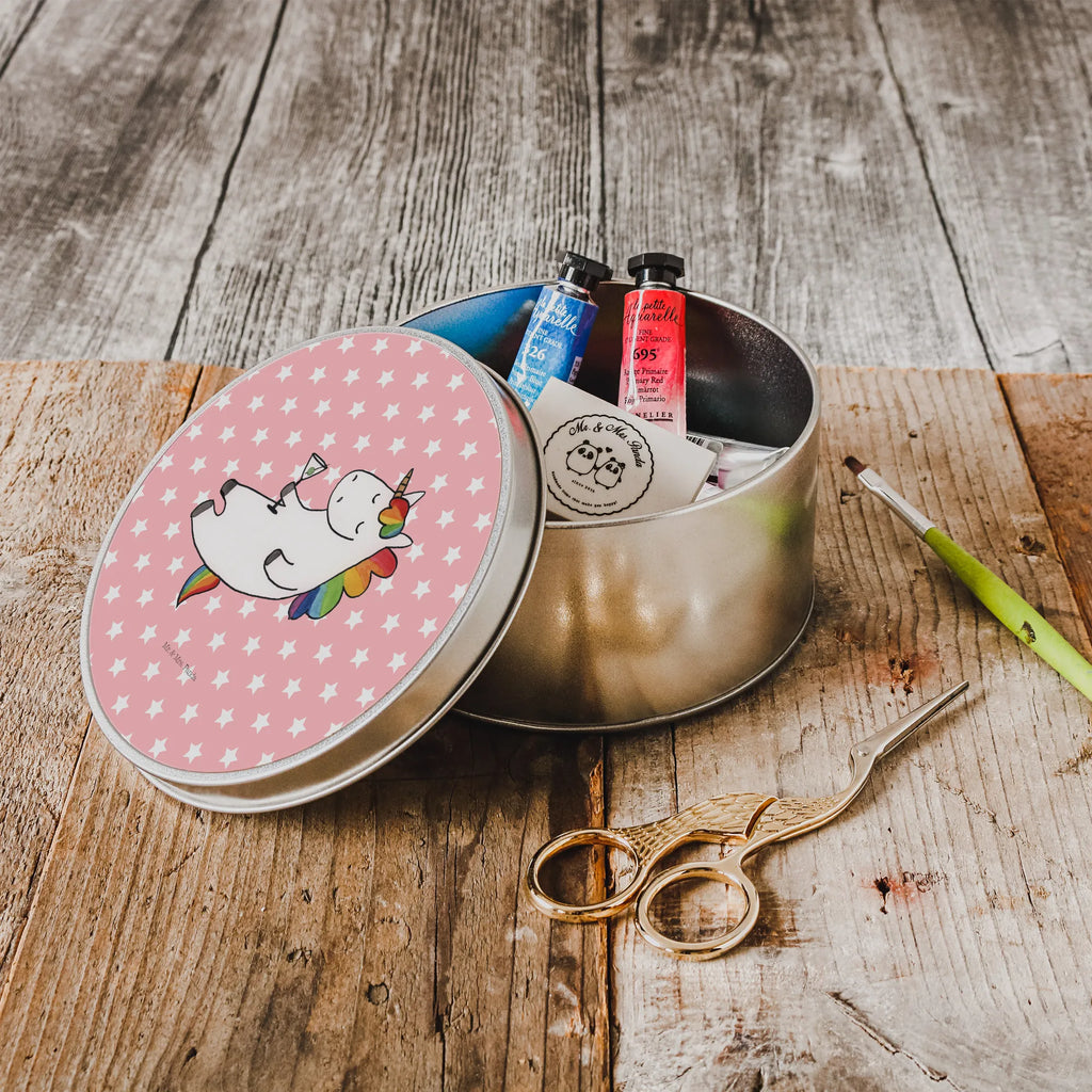 Round tin unicorn cocktail storage tin, tin, tin can, storage, cookie tin, gift box, unicorn, unicorns, party, girlfriend present, caipirinha, fun, rum, champagne, girlfriend gift, celebrating, birthday