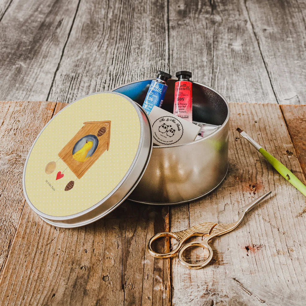 Round tin Bird House gift box, storage, storage tin, tin, tin can, cookie tin, small animals, cute, funny, cute animal motives, hand drawn, small world, funny sayings, good mood, happy, gifts, gift ideas, special gifts, animal lover, card, castle, family, birdhouse, nest, our house, house, home, apartment, Bird, favorite place, birds, home sweet home