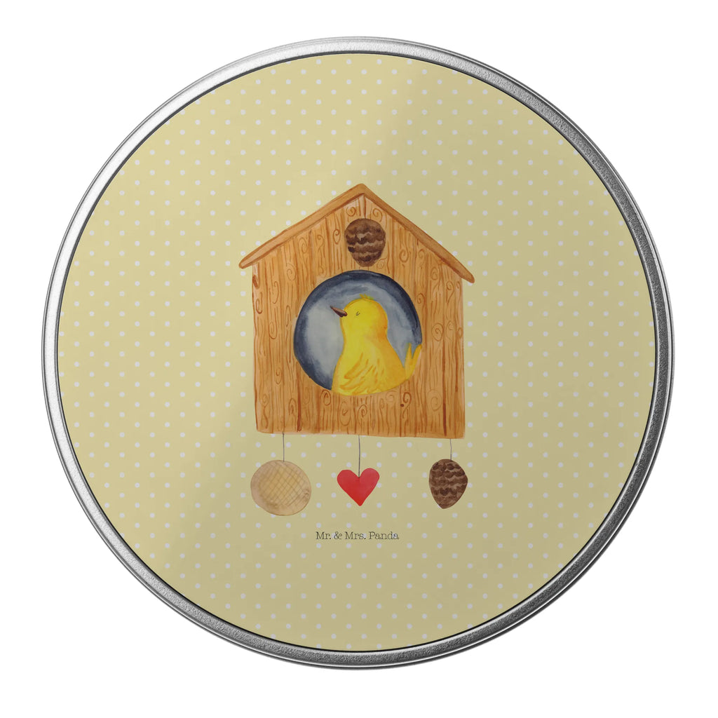 Round tin Bird House gift box, storage, storage tin, tin, tin can, cookie tin, small animals, cute, funny, cute animal motives, hand drawn, small world, funny sayings, good mood, happy, gifts, gift ideas, special gifts, animal lover, card, castle, family, birdhouse, nest, our house, house, home, apartment, Bird, favorite place, birds, home sweet home