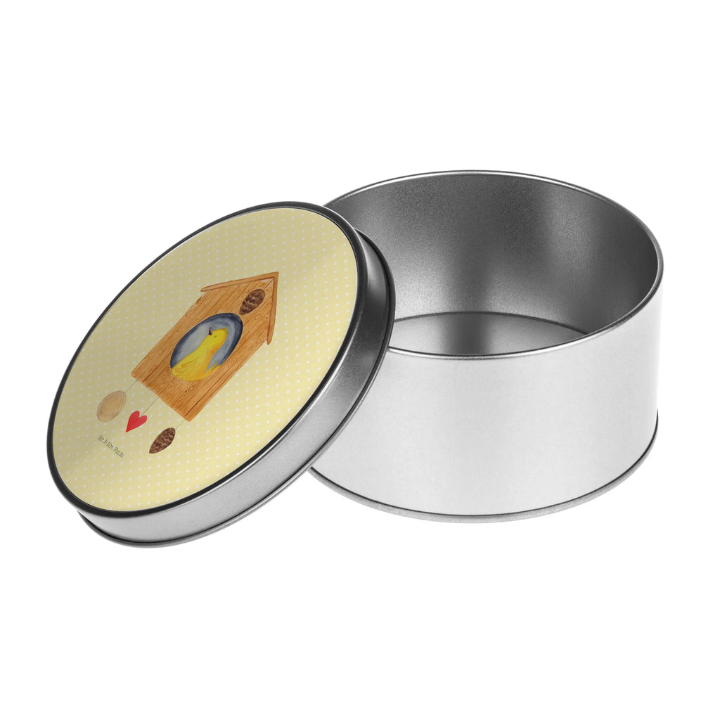 Round tin Bird House gift box, storage, storage tin, tin, tin can, cookie tin, small animals, cute, funny, cute animal motives, hand drawn, small world, funny sayings, good mood, happy, gifts, gift ideas, special gifts, animal lover, card, castle, family, birdhouse, nest, our house, house, home, apartment, Bird, favorite place, birds, home sweet home