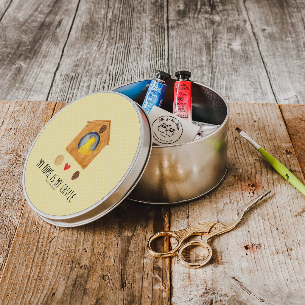 Round tin Bird House gift box, storage, storage tin, tin, tin can, cookie tin, small animals, cute, funny, cute animal motives, hand drawn, small world, funny sayings, good mood, happy, gifts, gift ideas, special gifts, animal lover, card, castle, family, birdhouse, nest, our house, house, home, apartment, Bird, favorite place, birds, home sweet home