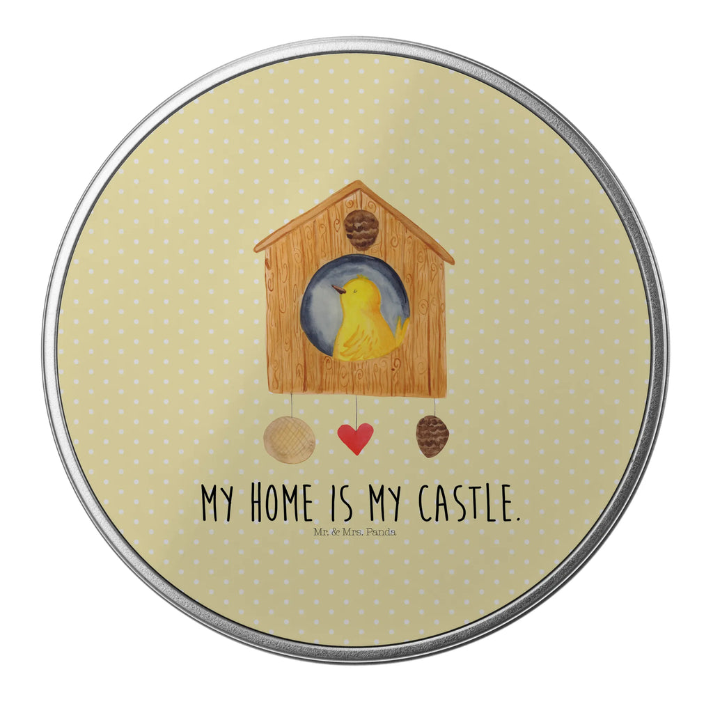 Round tin Bird House gift box, storage, storage tin, tin, tin can, cookie tin, small animals, cute, funny, cute animal motives, hand drawn, small world, funny sayings, good mood, happy, gifts, gift ideas, special gifts, animal lover, card, castle, family, birdhouse, nest, our house, house, home, apartment, Bird, favorite place, birds, home sweet home