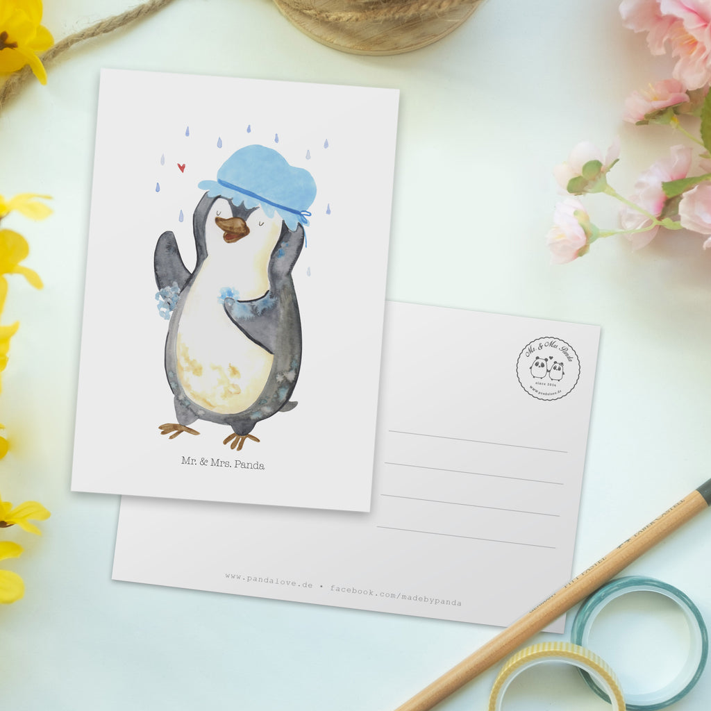 Postkarte Pinguin duscht Geschenkkarte, Grußkarte, Karte, Einladung, Ansichtskarte, Geburtstagskarte, Einladungskarte, Dankeskarte, Pinguin, Pinguine, Dusche, duschen, Lebensmotto, Motivation, Neustart, Neuanfang, glücklich sein