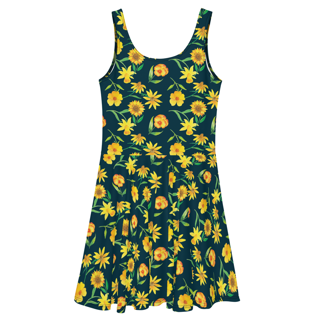 Sommerkleid Sonnengruß Design Sommerkleid, Kleid, Skaterkleid, Muster, Blumen, gelbe Blumen, Sonnenblume, Osterglocke