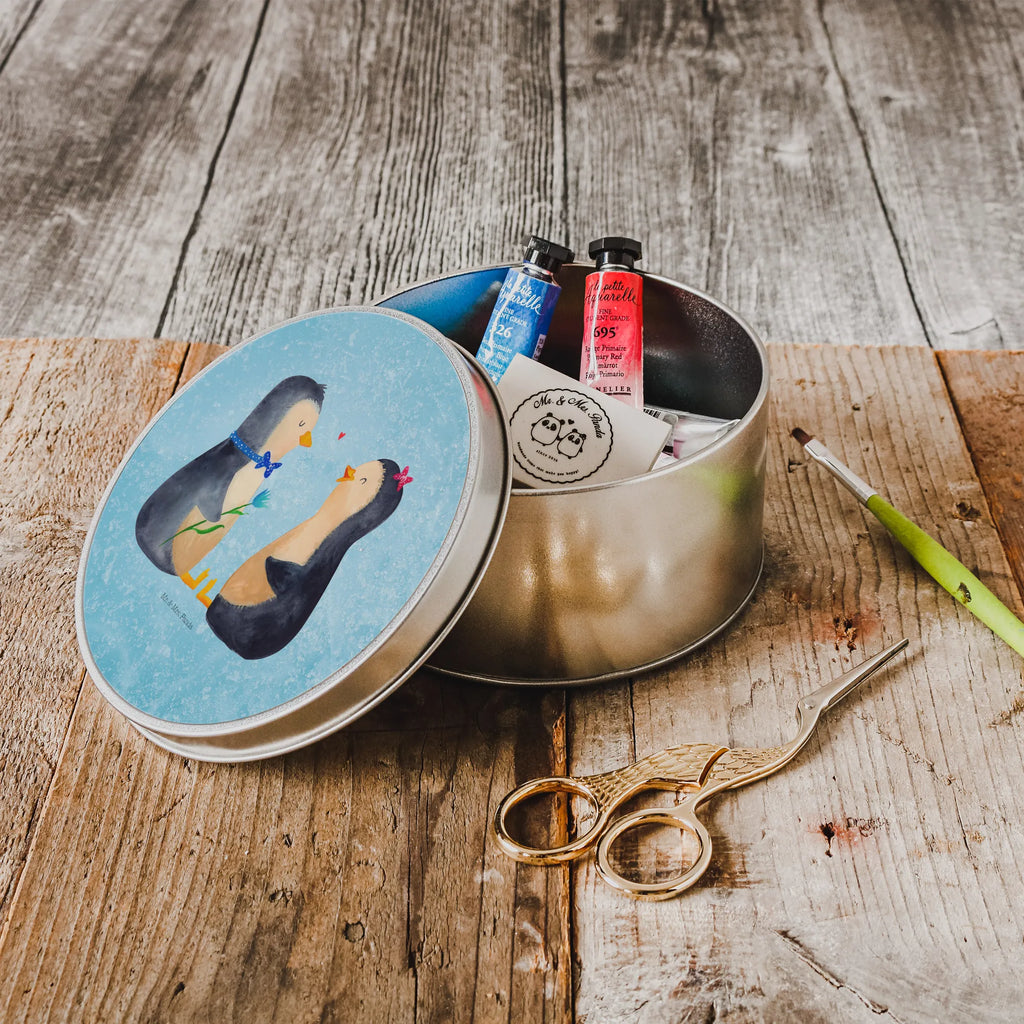Round tin Penguin pair storage tin, storage, gift box, tin, cookie tin, tin can, Penguin, North Pole, Winter, Penguins, anniversary, great love, engagement, wedding gift, proof of love, wedding, wedding day, dream couple, penguins, love, love gift, lovers, penguin
