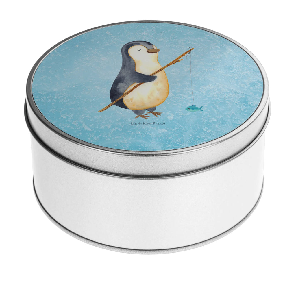 Round tin Penguin angler storage, gift box, tin can, storage tin, tin, cookie tin, Penguin, North Pole, Winter, Penguins, daily schedule, fishing, friends, planner, angler, weekend, vacation, gift, gift idea, hobby, penguin, new start, penguins, motivation, plan, daydreams