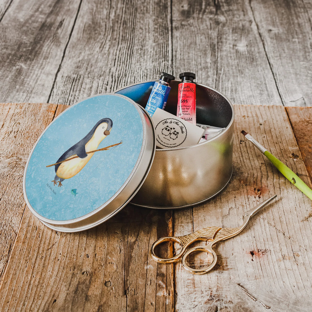 Round tin Penguin angler storage, gift box, tin can, storage tin, tin, cookie tin, Penguin, North Pole, Winter, Penguins, daily schedule, fishing, friends, planner, angler, weekend, vacation, gift, gift idea, hobby, penguin, new start, penguins, motivation, plan, daydreams
