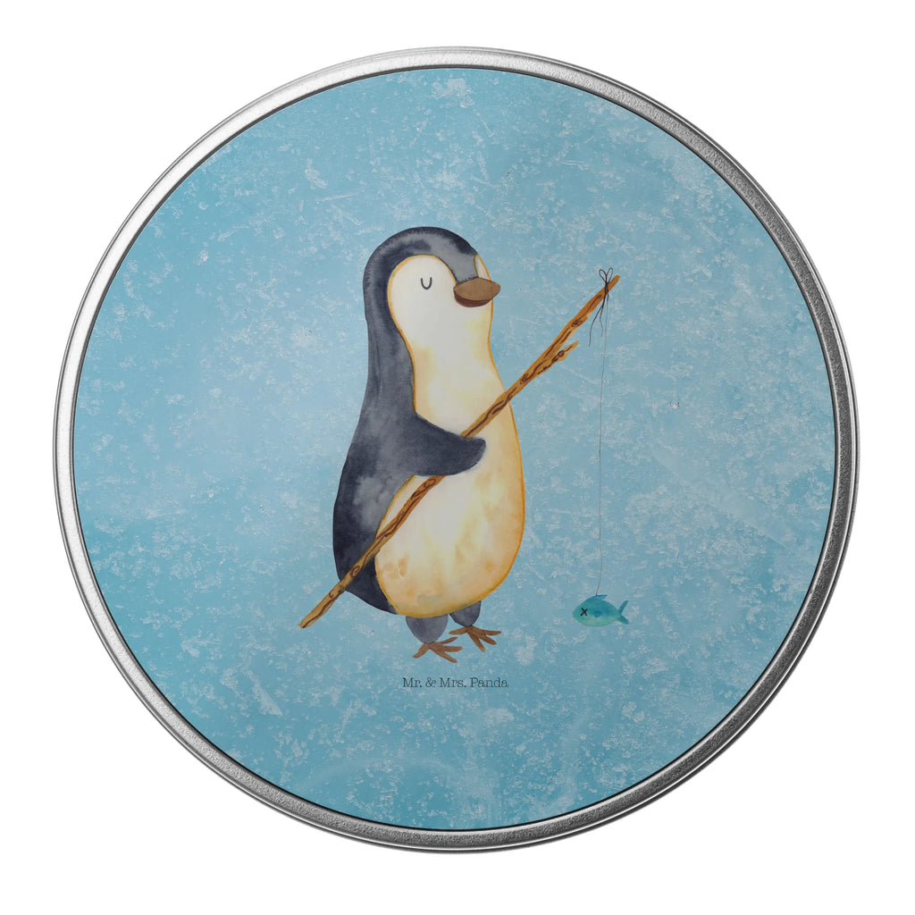Round tin Penguin angler storage, gift box, tin can, storage tin, tin, cookie tin, Penguin, North Pole, Winter, Penguins, daily schedule, fishing, friends, planner, angler, weekend, vacation, gift, gift idea, hobby, penguin, new start, penguins, motivation, plan, daydreams