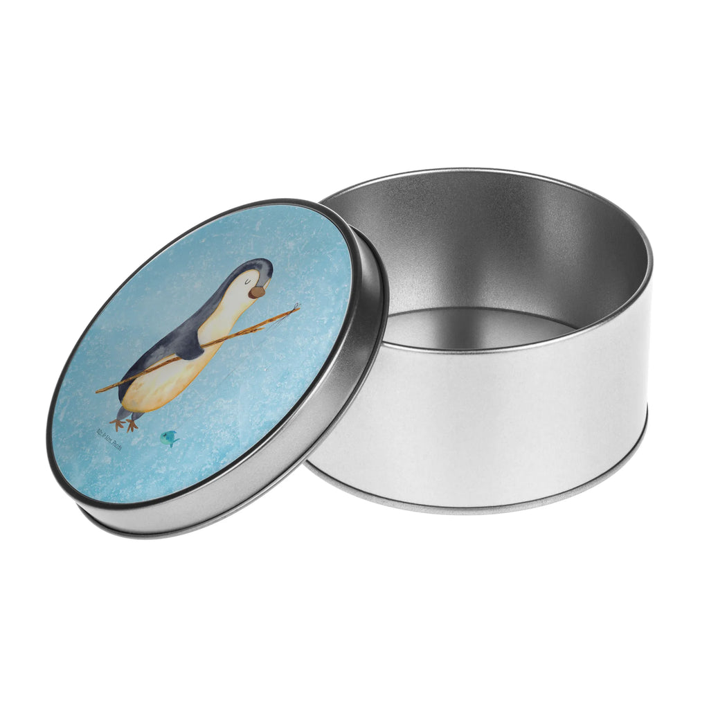 Round tin Penguin angler storage, gift box, tin can, storage tin, tin, cookie tin, Penguin, North Pole, Winter, Penguins, daily schedule, fishing, friends, planner, angler, weekend, vacation, gift, gift idea, hobby, penguin, new start, penguins, motivation, plan, daydreams