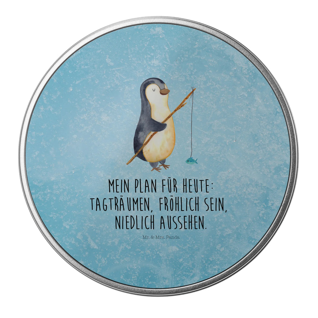 Round tin Penguin angler storage, gift box, tin can, storage tin, tin, cookie tin, Penguin, North Pole, Winter, Penguins, daily schedule, fishing, friends, planner, angler, weekend, vacation, gift, gift idea, hobby, penguin, new start, penguins, motivation, plan, daydreams