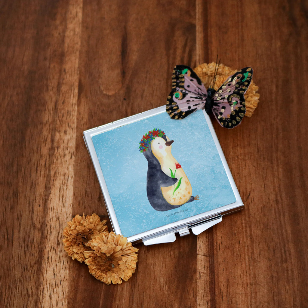 Handbag mirror Penguin Flower handbag, make up, square, make-up mirror, silver, mirror, Penguin, North Pole, Winter, Penguins, wishes, motivation, life, love of life, goals, penguins, wreath of flowers, universe, lovesickness, gift idea, goals in life
