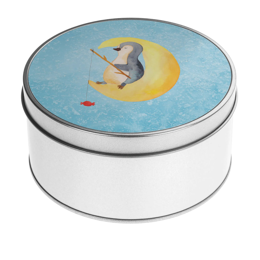Round tin Penguin moon tin, tin can, gift box, storage, storage tin, cookie tin, Penguin, North Pole, Winter, Penguins, falling asleep, insomnia, night's rest, saying, penguins, sleep, bedroom, guest room