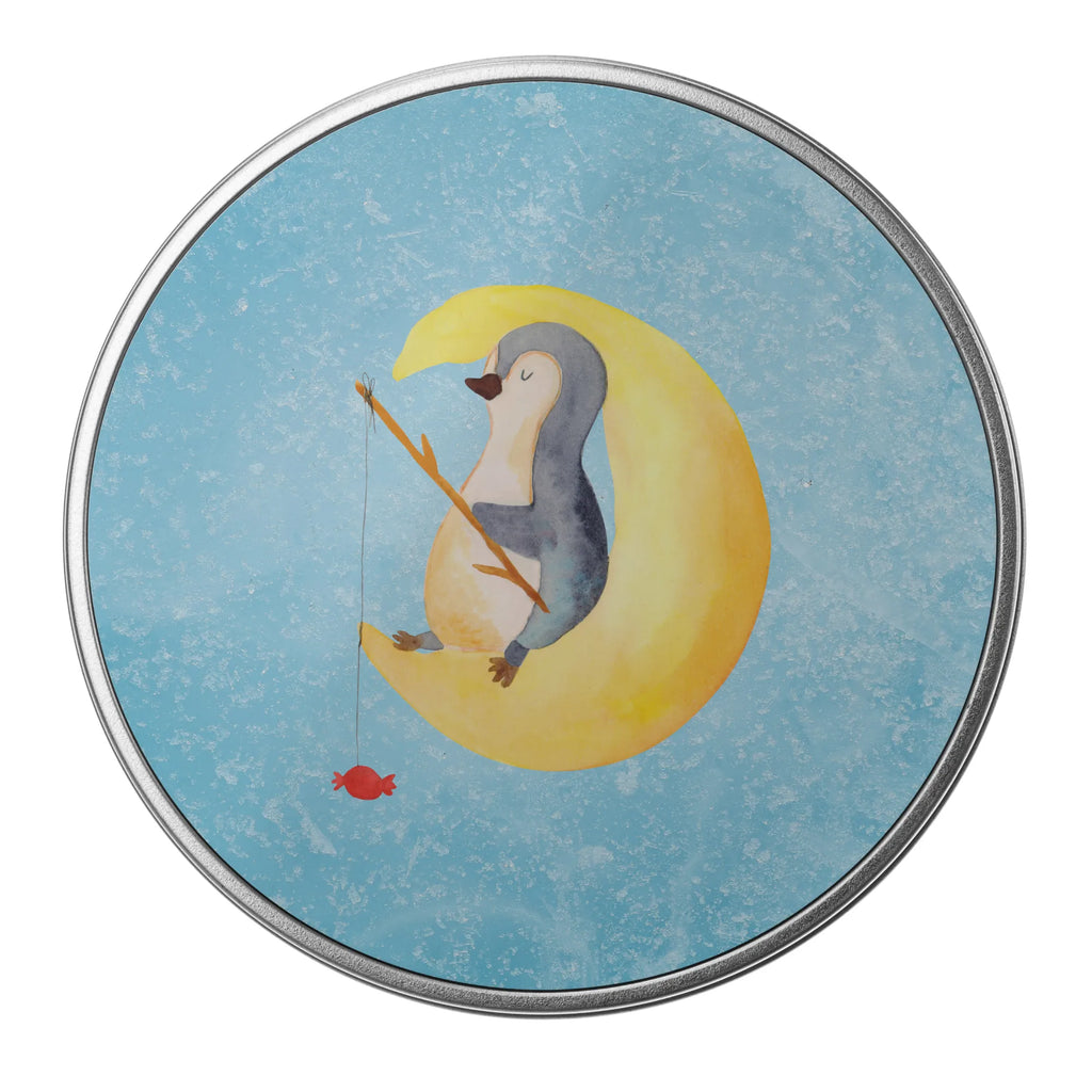 Round tin Penguin moon tin, tin can, gift box, storage, storage tin, cookie tin, Penguin, North Pole, Winter, Penguins, falling asleep, insomnia, night's rest, saying, penguins, sleep, bedroom, guest room