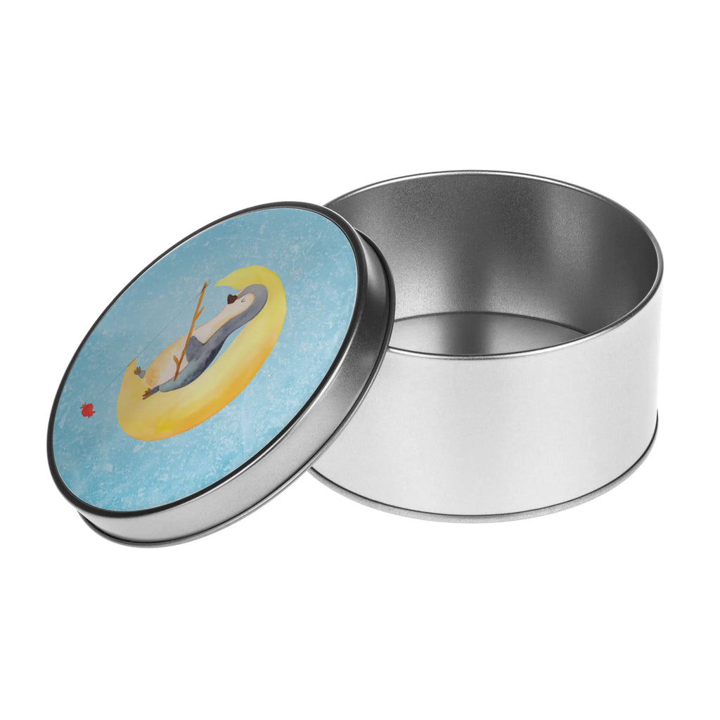 Round tin Penguin moon tin, tin can, gift box, storage, storage tin, cookie tin, Penguin, North Pole, Winter, Penguins, falling asleep, insomnia, night's rest, saying, penguins, sleep, bedroom, guest room