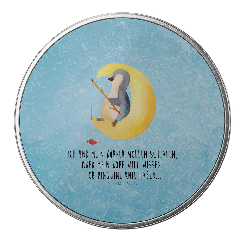 Round tin Penguin moon tin, tin can, gift box, storage, storage tin, cookie tin, Penguin, North Pole, Winter, Penguins, falling asleep, insomnia, night's rest, saying, penguins, sleep, bedroom, guest room