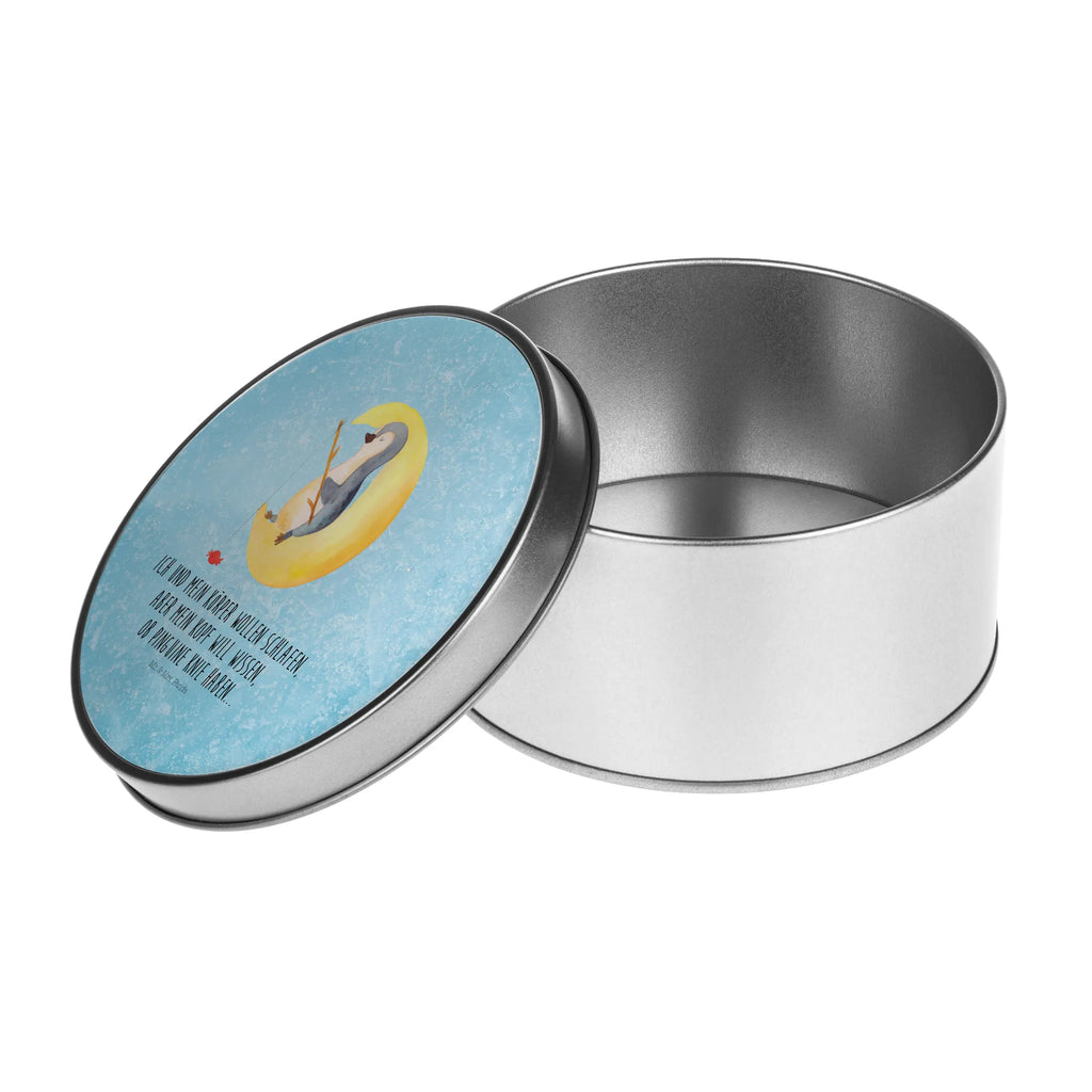 Round tin Penguin moon tin, tin can, gift box, storage, storage tin, cookie tin, Penguin, North Pole, Winter, Penguins, falling asleep, insomnia, night's rest, saying, penguins, sleep, bedroom, guest room