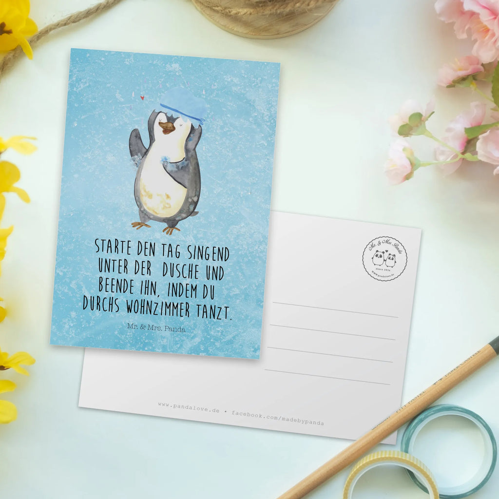 Postcard Penguin have a shower North Pole, Penguins, shower, life motto, new start, penguins, new beginning, being happy