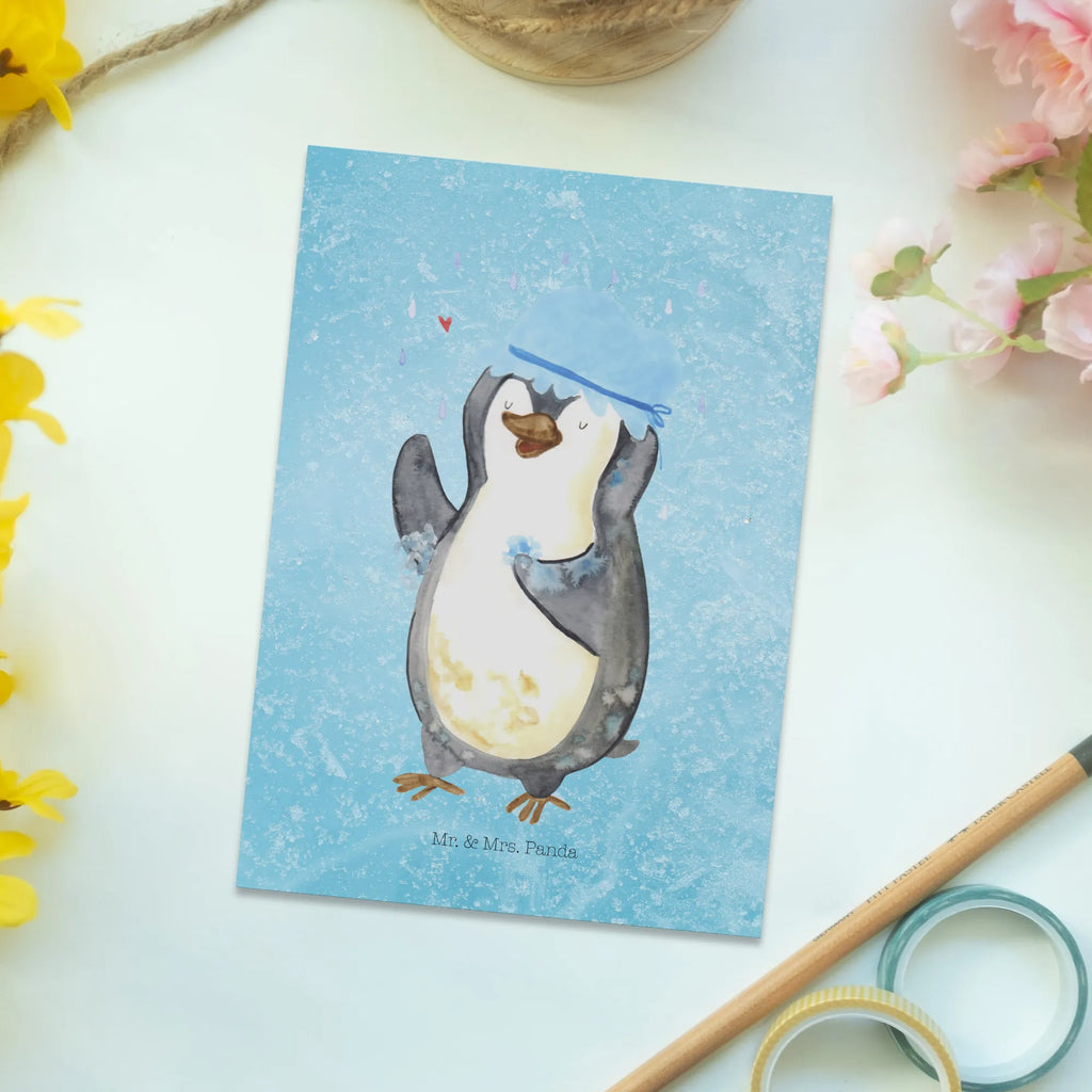 Postcard Penguin have a shower North Pole, Penguins, shower, life motto, new start, penguins, new beginning, being happy