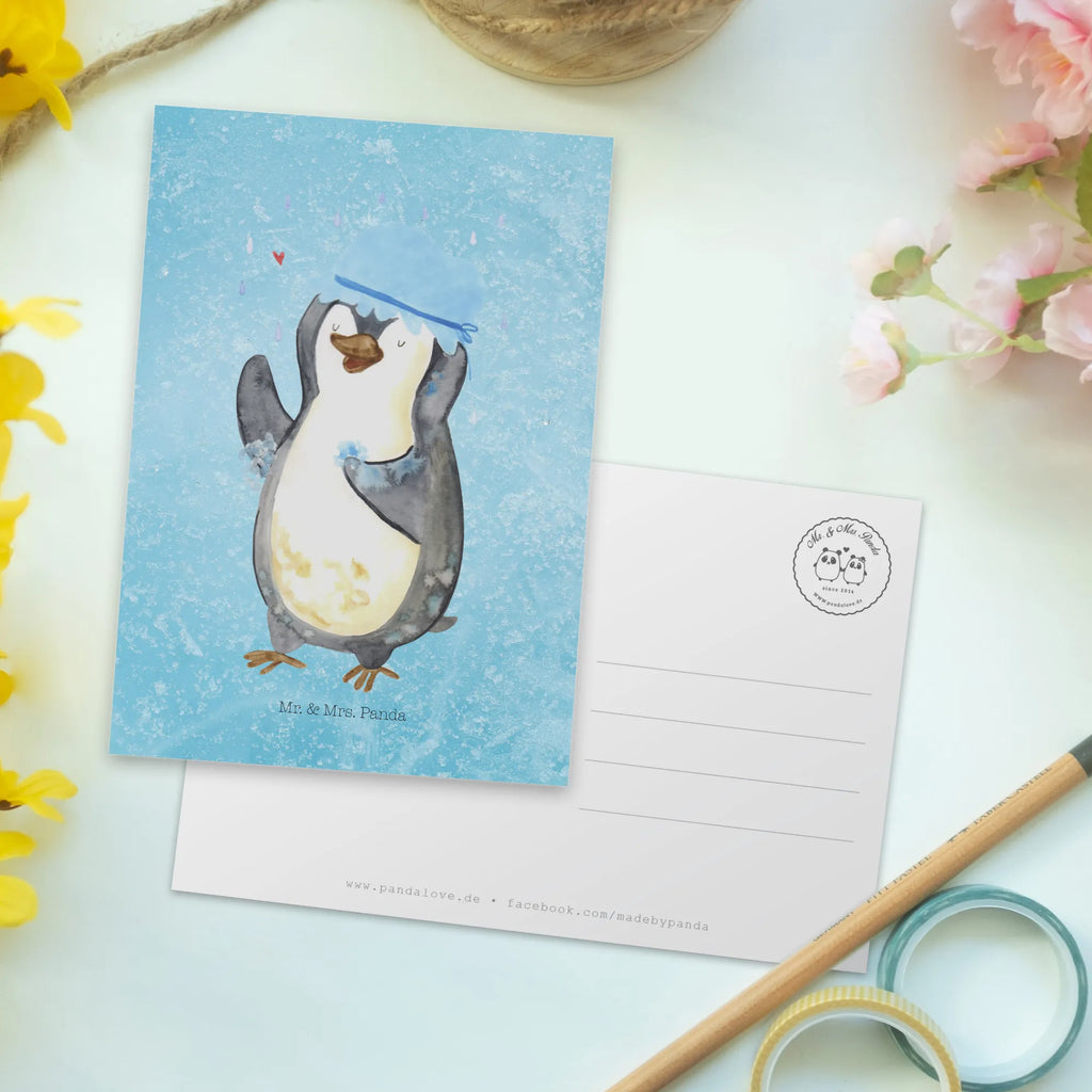 Postcard Penguin have a shower North Pole, Penguins, shower, life motto, new start, penguins, new beginning, being happy