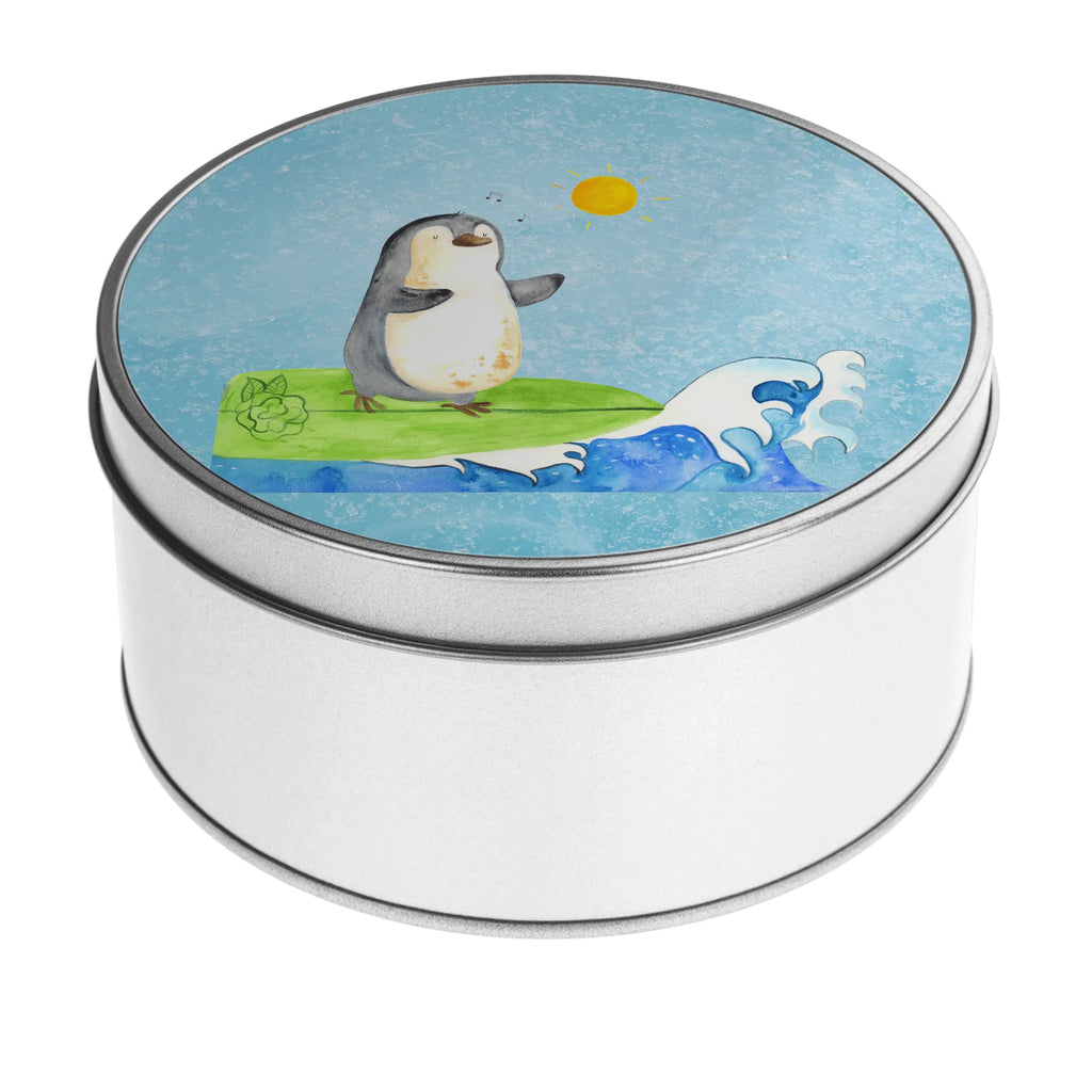 Round tin Penguin surfer storage tin, storage, tin, cookie tin, gift box, tin can, Penguin, North Pole, Winter, Penguins, holidays, Portugal, surfing, waves, wave riding, Hawaii, surfers, penguins