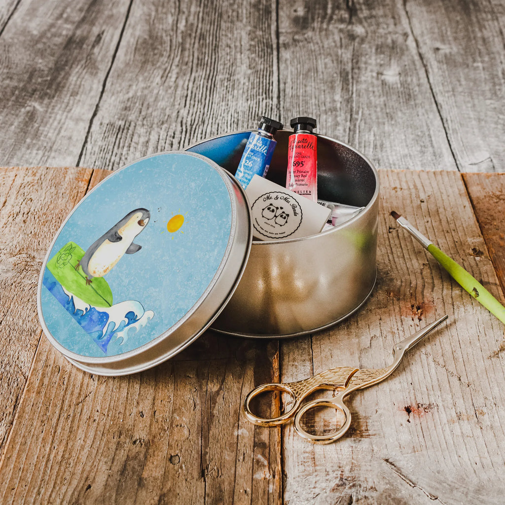 Round tin Penguin surfer storage tin, storage, tin, cookie tin, gift box, tin can, Penguin, North Pole, Winter, Penguins, holidays, Portugal, surfing, waves, wave riding, Hawaii, surfers, penguins