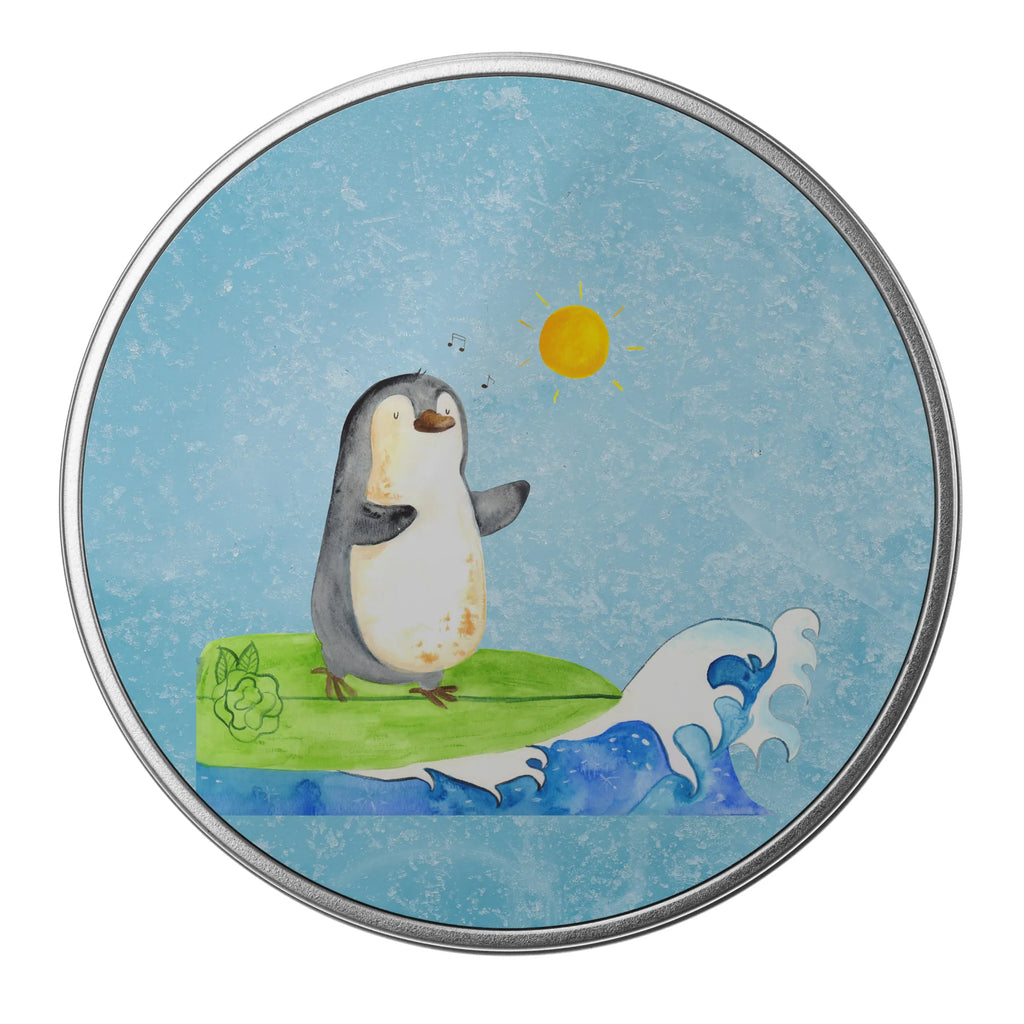 Round tin Penguin surfer storage tin, storage, tin, cookie tin, gift box, tin can, Penguin, North Pole, Winter, Penguins, holidays, Portugal, surfing, waves, wave riding, Hawaii, surfers, penguins