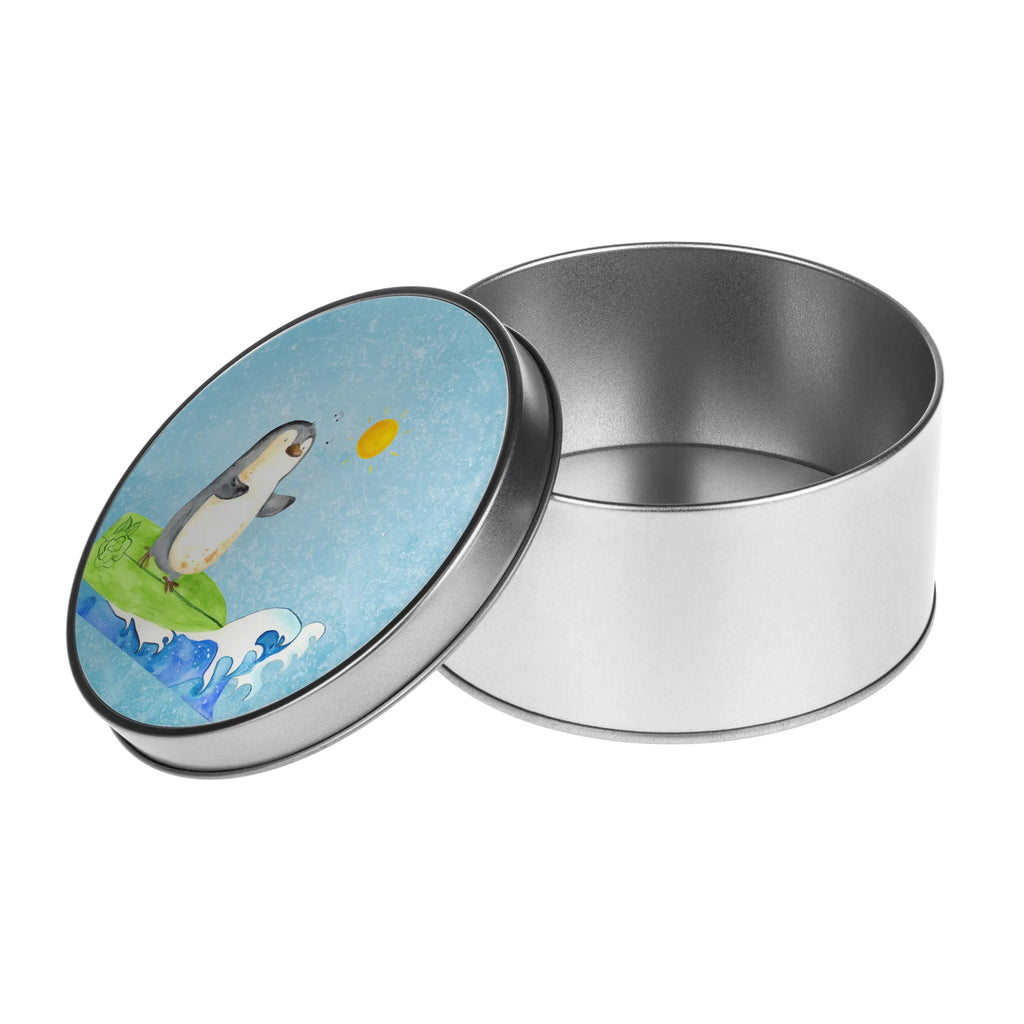 Round tin Penguin surfer storage tin, storage, tin, cookie tin, gift box, tin can, Penguin, North Pole, Winter, Penguins, holidays, Portugal, surfing, waves, wave riding, Hawaii, surfers, penguins