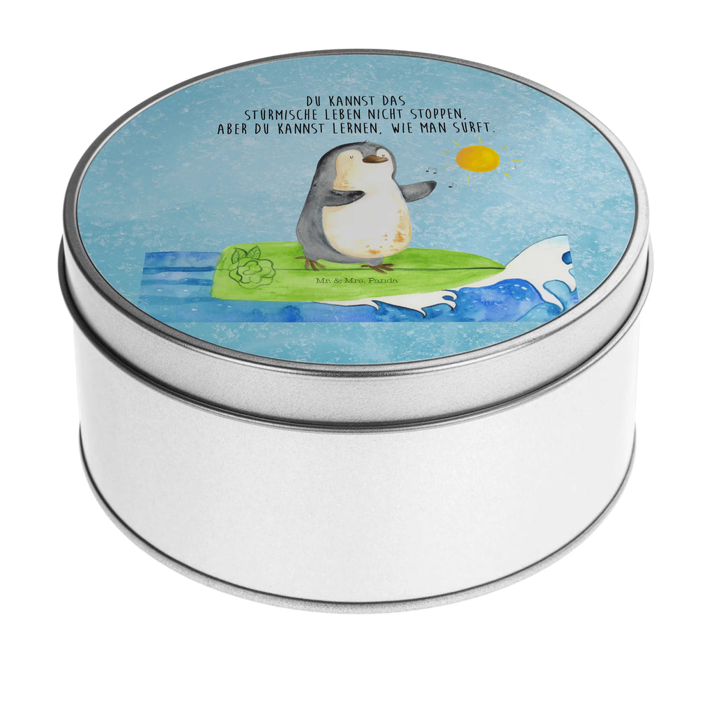 Round tin Penguin surfer storage tin, storage, tin, cookie tin, gift box, tin can, Penguin, North Pole, Winter, Penguins, holidays, Portugal, surfing, waves, wave riding, Hawaii, surfers, penguins