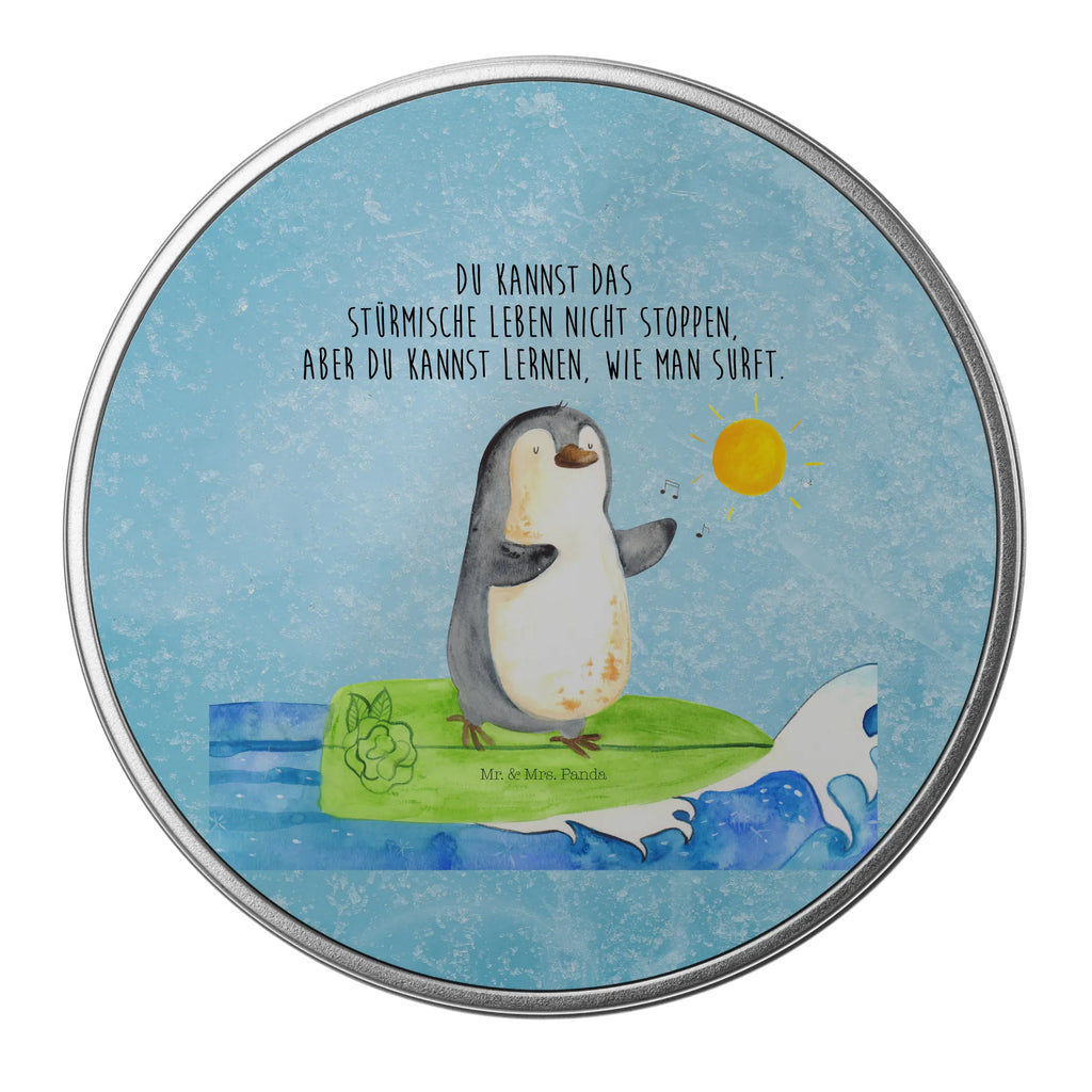 Round tin Penguin surfer storage tin, storage, tin, cookie tin, gift box, tin can, Penguin, North Pole, Winter, Penguins, holidays, Portugal, surfing, waves, wave riding, Hawaii, surfers, penguins